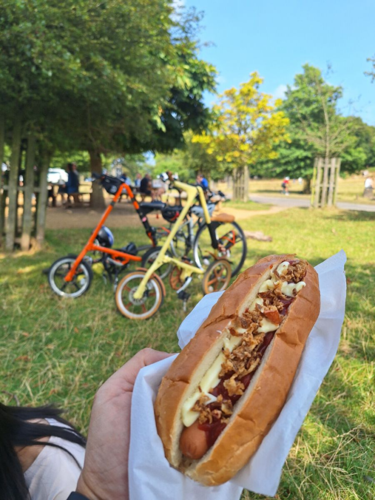 A loaded gourmet hot dog held at Richmond park picnic with bicycles blurred in the grassy background.