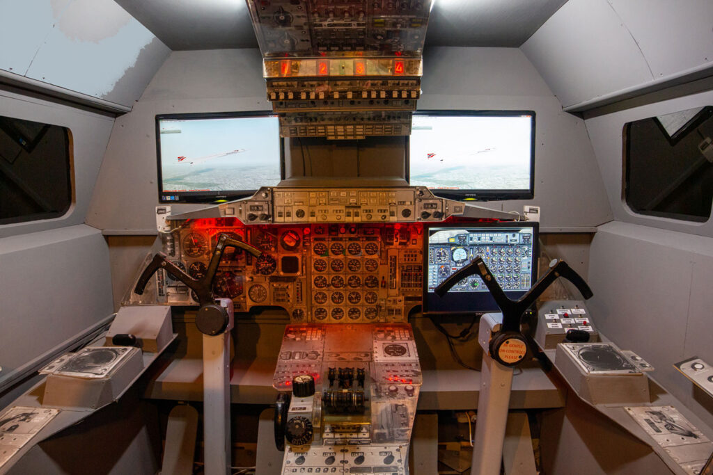 Concorde flight simulator cockpit display at Farnborough Air Sciences Trust.